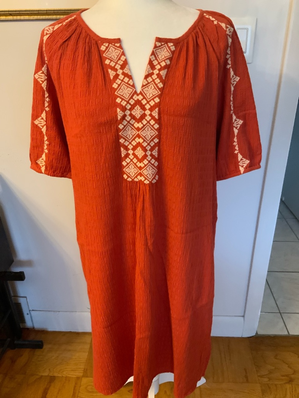 J. Jill Red Embroidered Split-Neck Tunic